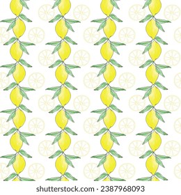 Lemon seamless pattern, stripes repeat pattern for textile. Yellow citrus fruit with leaves retro background. Elegant fabric on light background Surface pattern design