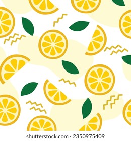 Lemon Seamless Pattern. Summer Fruit Pattern. Colorful Summer Pattern. Fresh Citrus Fruit Background With Green Leaves. Lemon Slice