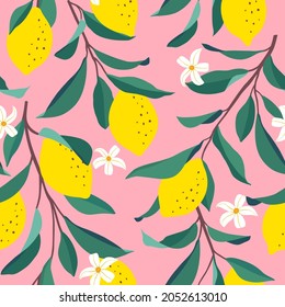Lemon seamless pattern. Trendy summer background. Vector bright print for fabric or wallpaper.
