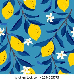 Lemon seamless pattern. Trendy summer background. Vector bright print for fabric or wallpaper.