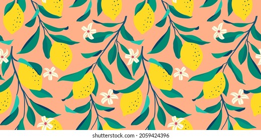 Lemon seamless pattern. Trendy summer background. Vector bright print for fabric or wallpaper.