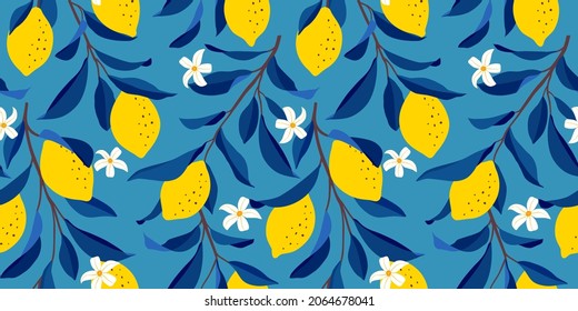 Lemon seamless pattern. Trendy summer background. Vector bright print for fabric or wallpaper.