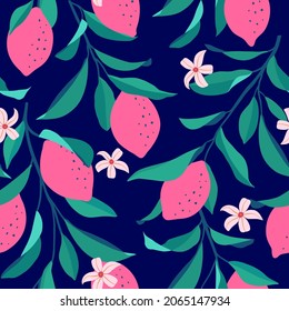 Lemon seamless pattern. Trendy summer background. Vector bright print for fabric or wallpaper.