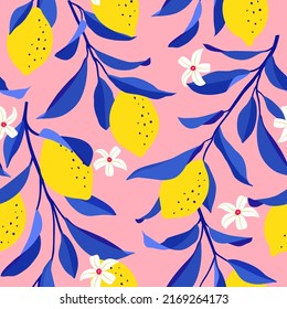 Lemon seamless pattern. Trendy summer background. Vector bright print for fabric or wallpaper.