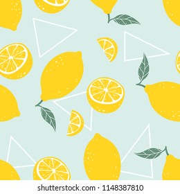 Lemon seamless pattern with triangles on light blue background. Vector illustration