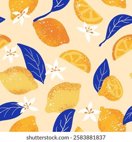 Lemon seamless pattern with tribal texture. Modern design for cover, fabric, decor. 