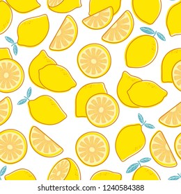 Lemon seamless pattern. Tropical citrus exotic fruit print. Yellow lemons summer floral repeating vector decorative texture