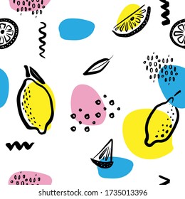 Lemon seamless pattern. Vector doodle illustration isolated on white background. Hand drawn color lemon and  leaves  for package or menu design.