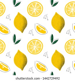 Lemon seamless pattern.  Vector hand drawing style illustration. Isolated of white background. Trendy summer citrus pattern design.