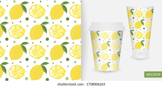 Lemon seamless pattern. Vector illustration citrus fruit. Summer abstract background. Repeating texture. Modern ornament. Mockup.