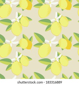 Lemon seamless pattern. Vector illustration with citrus fruits on yellow background.
