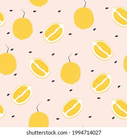 Lemon seamless pattern Vector illustration in flat design Whole and halves of lemons on light pink backdrop with black seeds