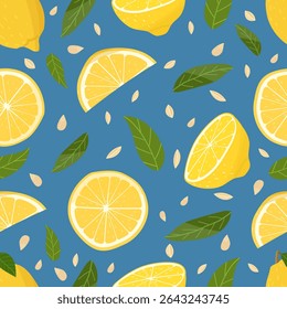 Lemon Seamless pattern. Vector illustration with lemon, leaves and seeds. Whole, sliced and half lemon. Blue background. 