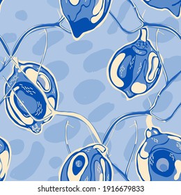 Lemon Seamless Pattern. Vector Summer Citrus Print.  Modern Hand Drawn Background. Simple Marker Lime. Botanical Illustration. Psychedelic Citron Motif. Classic Blue and Indigo