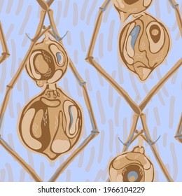 Lemon Seamless Pattern. Vector Summer Citrus Print. Simple Marker Lime. Botanical Illustration. Cerulean Blue and Gold Psychedelic Citron Motif.  Modern Hand Drawn Background.