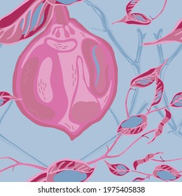 Lemon Seamless Pattern. Vector Summer Citrus Print. Cerulean Blue, Red and Ultimate Gray  Modern Hand Drawn Background. Psychedelic Citron Motif. Simple Marker Lime. Botanical Illustration.