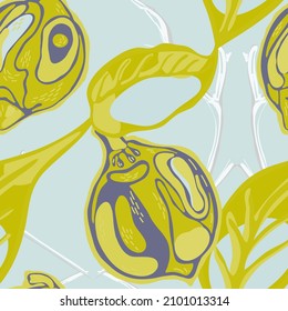 Lemon Seamless Pattern. Vector Summer Citrus Print. Psychedelic Citron Motif.  Modern Hand Drawn Background. Simple Marker Lime. Botanical Illustration. Green and Grey