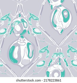 Lemon Seamless Pattern. Vector Summer Citrus Print. Psychedelic Citron Motif. Simple Marker Lime. Botanical Illustration.  Modern Hand Drawn Background. Green and Grey