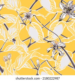 Lemon Seamless Pattern. Vector Summer Citrus Print. Psychedelic Citron Motif.  Modern Hand Drawn Background. Illuminating Yellow and Ultimate Gray Simple Marker Lime. Botanical Illustration.