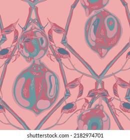 Lemon Seamless Pattern. Vector Summer Citrus Print.  Modern Hand Drawn Background. Simple Marker Lime. Botanical Illustration. Red and Grey Psychedelic Citron Motif.