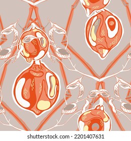 Lemon Seamless Pattern. Vector Summer Citrus Print. Simple Marker Lime. Botanical Illustration. Psychedelic Citron Motif.  Modern Hand Drawn Background. Red and Grey