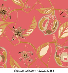 Lemon Seamless Pattern. Vector Summer Citrus Print.  Modern Hand Drawn Background. Simple Marker Lime. Botanical Illustration. Marigold Yellow and Red Psychedelic Citron Motif.