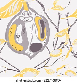 Lemon Seamless Pattern. Vector Summer Citrus Print. Psychedelic Citron Motif. Simple Marker Lime. Botanical Illustration. Illuminating Yellow and Ultimate Gray  Modern Hand Drawn Background.