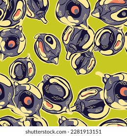 Lemon Seamless Pattern. Vector Summer Citrus Print. Psychedelic Citron Motif. Green and Grey Simple Marker Lime. Botanical Illustration.  Modern Hand Drawn Background.