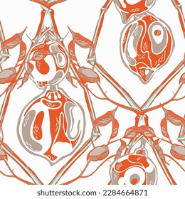 Lemon Seamless Pattern. Vector Summer Citrus Print. Red and Grey Psychedelic Citron Motif.  Modern Hand Drawn Background. Simple Marker Lime. Botanical Illustration.