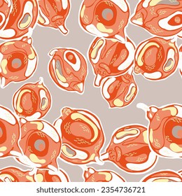 Lemon Seamless Pattern. Vector Summer Citrus Print. Red and Grey Psychedelic Citron Motif. Simple Marker Lime. Botanical Illustration.  Modern Hand Drawn Background.