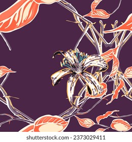Lemon Seamless Pattern. Vector Summer Citrus Print. Simple Marker Lime. Botanical Illustration. Illumination Yellow and Amethyst Purple  Modern Hand Drawn Background. Psychedelic Citron Motif.