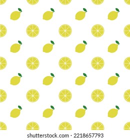 Lemon, seamless pattern, vector. Pattern of yellow lemons and lemon slices on a white background.