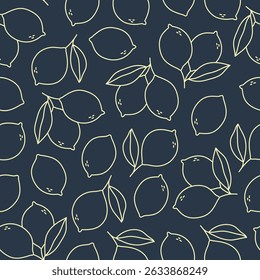 Lemon seamless pattern. White outline whole lemons and leaves on dark blue background. Vector illustration