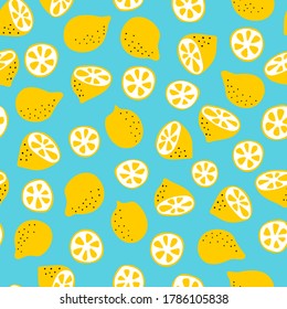 Lemon seamless pattern. Whole lemons, halves, slices and leaves isolated on white background. Flat modern citrus print. Funny summer food graphic. Cute tropical texture for kitchen wallpaper.