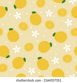 Lemon seamless pattern. Whole lemons, slices, leaves and flowers on beige background. Vector illustration