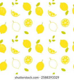 Lemon seamless pattern with whole lemons, half, slice, leaves branch. Summer fruit vector seamless pattern. Perfect for background, kitchen textile, fabric, packaging, wrapping paper and so on