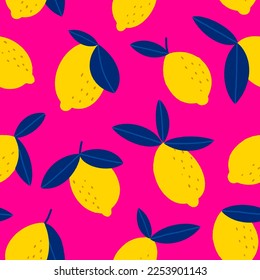 Lemon seamless pattern. Yellow blight fruits on magenta pink background. Colorful high contrast summer print for kitchen textile. Vector illustration with textured lines.