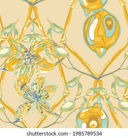 Lemon Seamless Pattern. Yellow Gold Vector Summer Citrus Print. Simple Marker Lime. Botanical Illustration.  Modern Hand Drawn Background. Psychedelic Citron Motif.