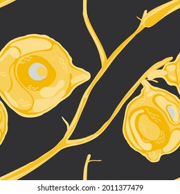 Lemon Seamless Pattern. Yellow Gold Simple Marker Lime. Botanical Illustration. Vector Summer Citrus Print.  Modern Hand Drawn Background. Psychedelic Citron Motif.