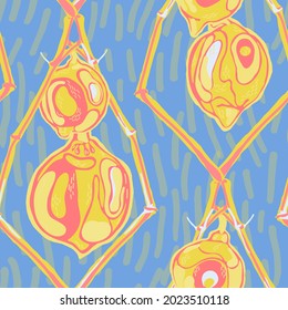 Lemon Seamless Pattern. Yellow Gold  Modern Hand Drawn Background. Psychedelic Citron Motif. Vector Summer Citrus Print. Simple Marker Lime. Botanical Illustration.