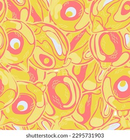 Lemon Seamless Pattern. Yellow Gold  Modern Hand Drawn Background. Psychedelic Citron Motif. Vector Summer Citrus Print. Simple Marker Lime. Botanical Illustration.