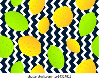 Lemon seamless pattern. Yellow and green lemons and lime on a striped background. Background for brochures, promotional material and wallpaper. Vector illustration