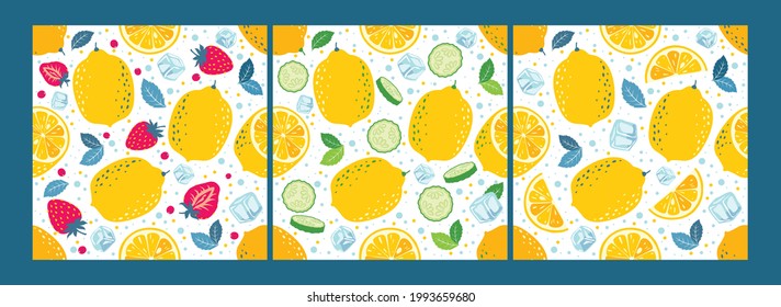 Lemon Seamless patterns set: lemon fruits, halves, slices, soda, cucumbers, strawberries, ice cubes. Vector.