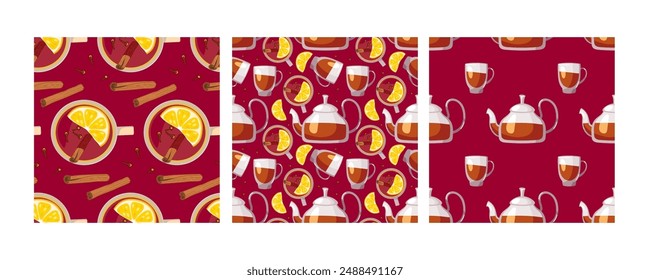 Patrones de té sin costura de limón. Juego de tres. Tetera y taza con limón. Impresiones de té saludable. Taza de té de limón Fondo de Vector colorido repetido para el menú, recetas, Fondo de pantalla, embalaje, textil, envoltura