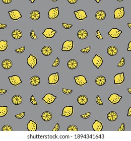 Lemon seamless vector pattern. Citrus fruits trandy color background. Ultimate Gray and Illuminating - colors of the year 2021. Pantone 17-5104 and 13-0647.