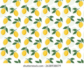 Lemon seamless vector pattern on white background with green leaves and watercolor spots – EPS10