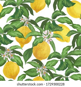 Patrón vectorial sin fisuras de limón. Fondo tropical de frutas. Impresión exótica veraniega. Ilustración dibujada a mano. Patrón ecológico botánico realista.