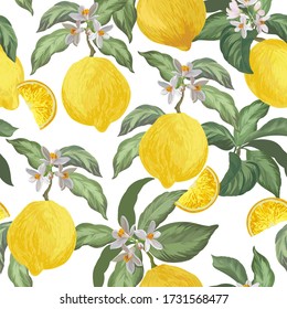 Lemon  seamless vector pattern. Tropical fruit background. Summer exotic print. Hand drawn illustration. Botanical realistic eco pattern.