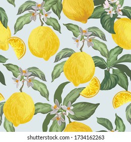 Lemon  seamless vector pattern. Tropical fruit background. Summer exotic print. Hand drawn illustration. Botanical realistic eco pattern.