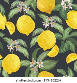 Lemon  seamless vector pattern. Tropical fruit background. Summer exotic print. Hand drawn illustration. Botanical realistic eco pattern.